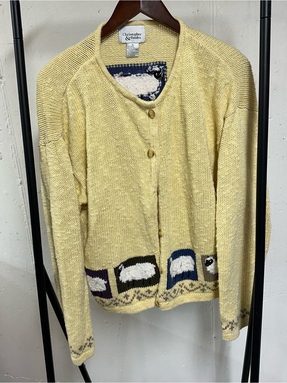 Vintage Christopher & Banks Pale Yellow Sheep Motif Cardigan